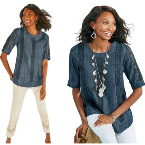 Soft Surroundings | Lapiza Crochet Stripe Chambray Top Dark Wash Blue Medium - Picture 8 of 8